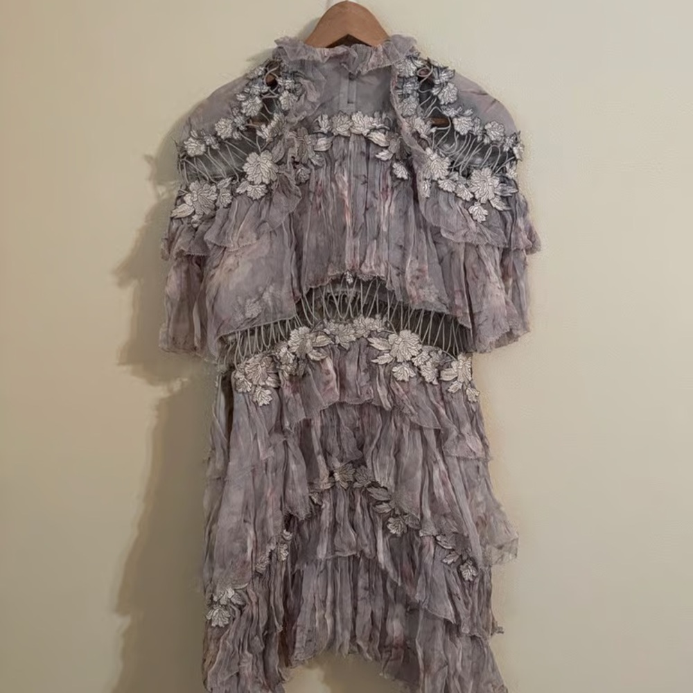 Lavender-Tone Ruffled Floral Appliqué Cape Dress - Picture 5 of 5